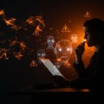 Abogado analizando riesgos legales de chatbots de inteligencia artificial en casos de víctimas masivas con temática tecnológica en tonos naranja y negro.