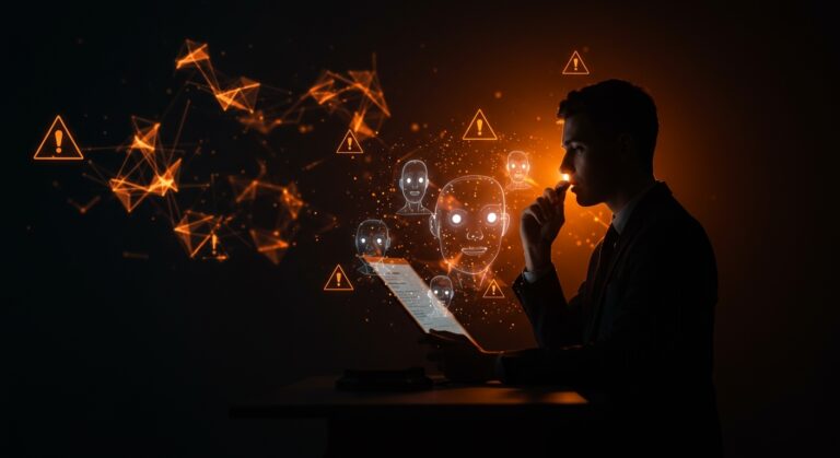 Abogado analizando riesgos legales de chatbots de inteligencia artificial en casos de víctimas masivas con temática tecnológica en tonos naranja y negro.