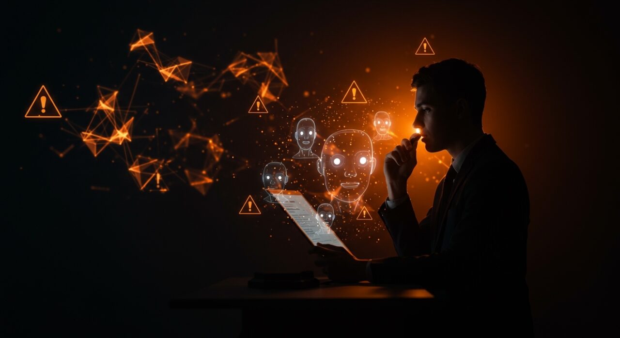 Abogado analizando riesgos legales de chatbots de inteligencia artificial en casos de víctimas masivas con temática tecnológica en tonos naranja y negro.