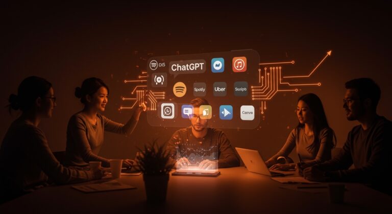 Fundadores de startups colaborando con integraciones de ChatGPT en apps como Spotify, Uber y DoorDash para automatización y escalabilidad.
