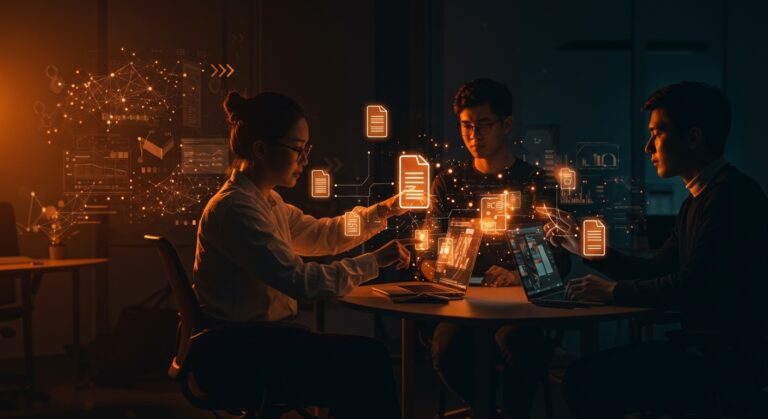 Profesionales de startup gestionando archivos con IA avanzada y automatización eficiente en un espacio de trabajo digital.