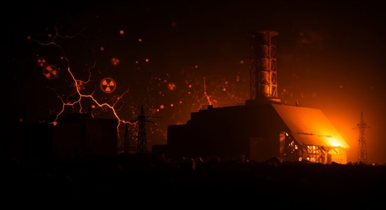 Imagen editorial de la infraestructura crítica de Chernóbil bajo amenaza nuclear, destacando el riesgo y la seguridad tecnológica en contexto de guerra.