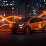 Chevy Bolt 2027 destacado en un entorno urbano futurista, ilustrando la estrategia de GM para la innovación y el mercado de vehículos eléctricos asequibles.