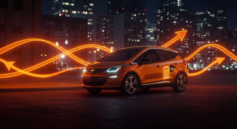 Chevy Bolt 2027 destacado en un entorno urbano futurista, ilustrando la estrategia de GM para la innovación y el mercado de vehículos eléctricos asequibles.