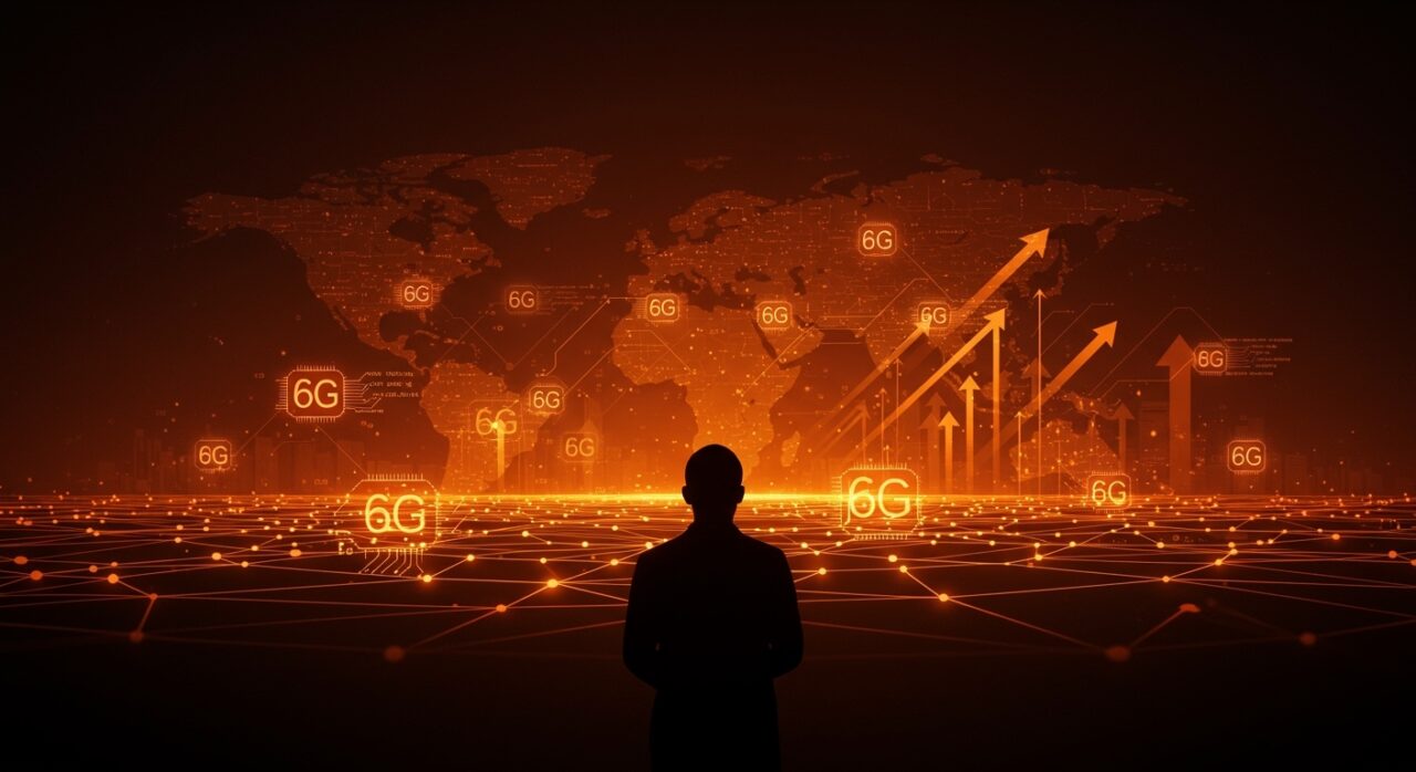 Líder contemplando horizonte digital 6G con redes móviles e inteligencia artificial, representando el avance tecnológico y liderazgo geopolítico de China.