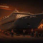 Construcción de crucero de lujo en astillero chino con ambiente tecnológico y metáforas de innovación global.