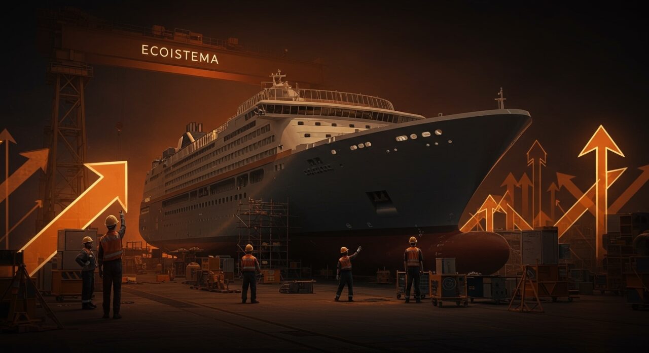 Construcción de crucero de lujo en astillero chino con ambiente tecnológico y metáforas de innovación global.