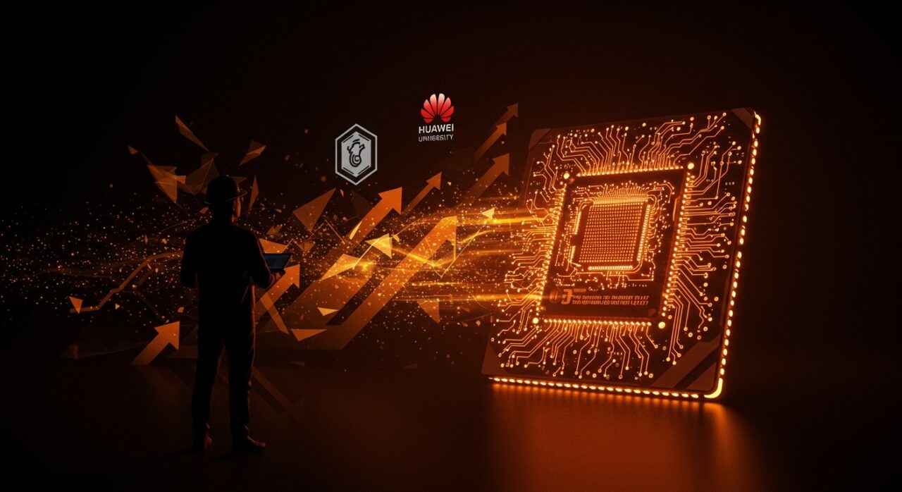 Ingeniero chino contemplando un chip semiconductores avanzado, simbolizando el desafío tecnológico en fotolitografía UVE y la competencia de China en tecnología avanzada.