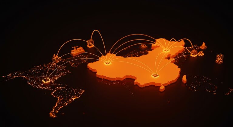 Mapa conceptual que muestra la influencia geopolítica de China en Taiwán e Irán y su impacto en tecnología y mercados energéticos globales.