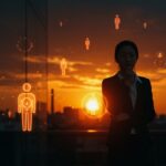 Profesional china dejando la oficina en atardecer, representando la limitación de horas extras para enfrentar la crisis de natalidad en China.