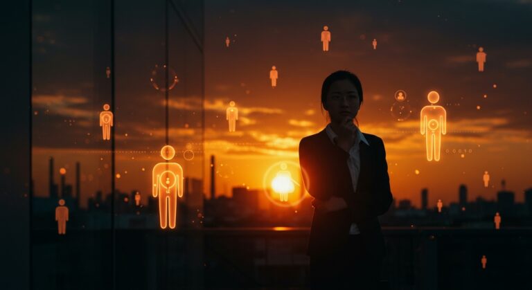 Profesional china dejando la oficina en atardecer, representando la limitación de horas extras para enfrentar la crisis de natalidad en China.