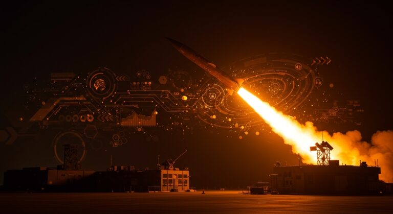 Misil hipersónico chino innovador en tonos naranja y negro, representando la revolución tecnológica y tendencias en defensa y mercado global.