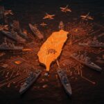China rodea Taiwán con aviones y buques en ejercicio militar, simbolizando tensiones geopolíticas y riesgo tecnológico para startups globales.