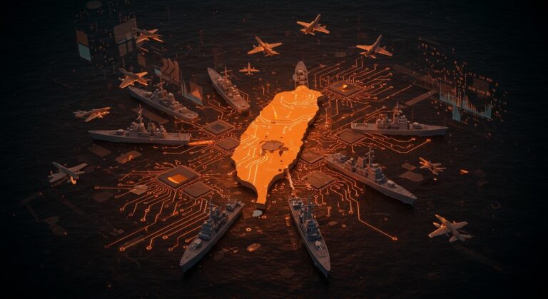 China rodea Taiwán con aviones y buques en ejercicio militar, simbolizando tensiones geopolíticas y riesgo tecnológico para startups globales.