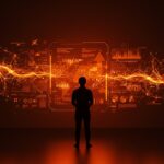 Experto en inteligencia artificial chino frente a interfaz digital futurista, mostrando liderazgo en talento humano y tendencias tecnológicas para IA.