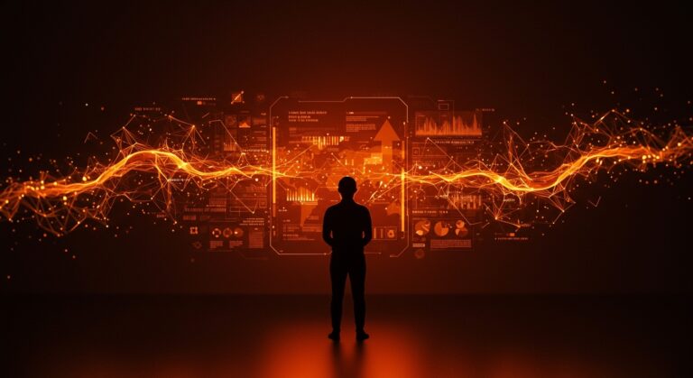 Experto en inteligencia artificial chino frente a interfaz digital futurista, mostrando liderazgo en talento humano y tendencias tecnológicas para IA.