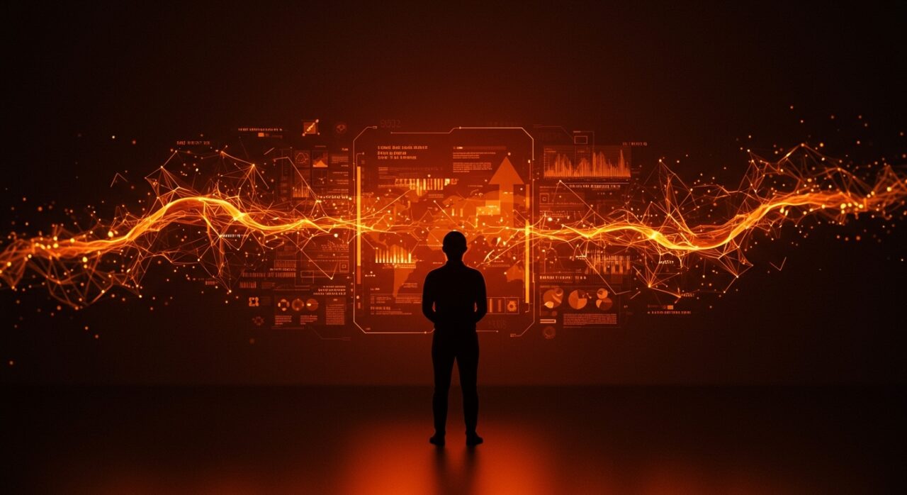 Experto en inteligencia artificial chino frente a interfaz digital futurista, mostrando liderazgo en talento humano y tendencias tecnológicas para IA.