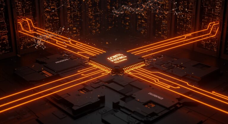 Chip láser innovador de Scintil Photonics reemplazando cobre en centros de datos IA, resaltando tecnología fotónica y hardware avanzado respaldado por NVIDIA.