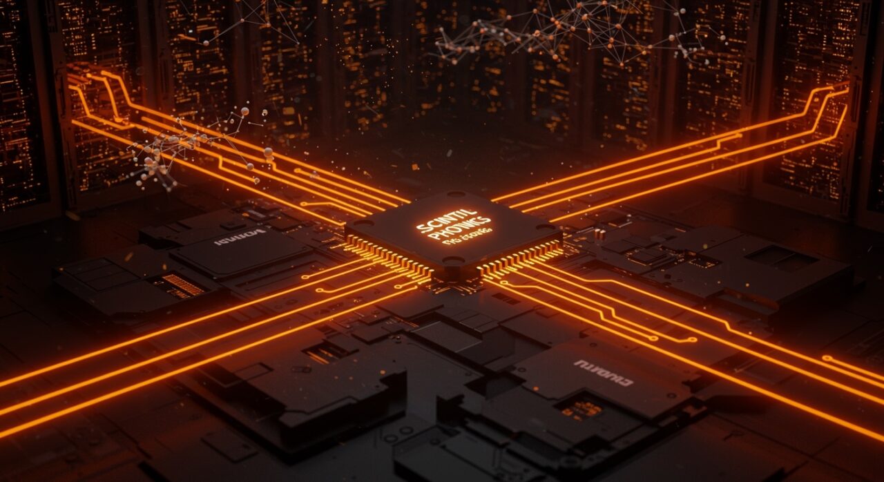 Chip láser innovador de Scintil Photonics reemplazando cobre en centros de datos IA, resaltando tecnología fotónica y hardware avanzado respaldado por NVIDIA.