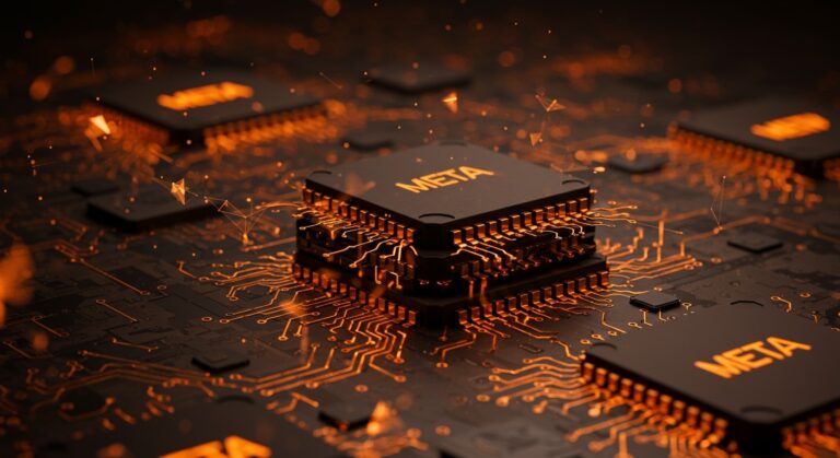 Chips MTIA de Meta con diseño futurista destacando hardware para inteligencia artificial generativa e infraestructura tecnológica avanzada.