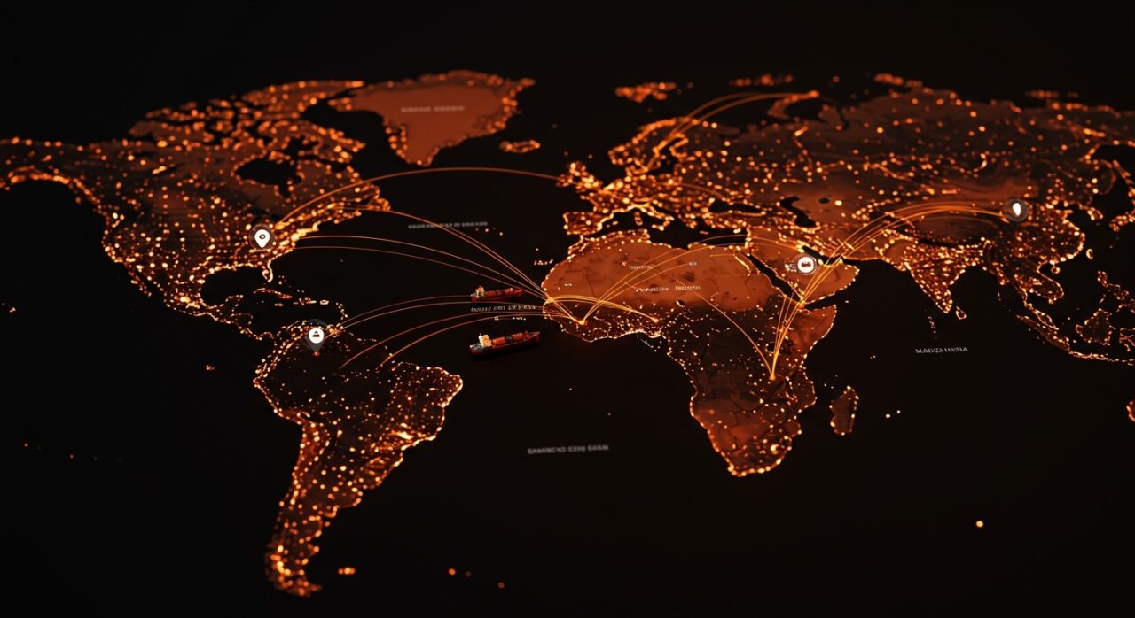 Mapa digital de chokepoints marítimos estratégicos señalando riesgos en la supply chain global y oportunidades para startups en LATAM.