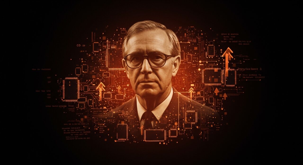 Chuck Peddle y la innovación tecnológica en microcomputadoras con elementos futuristas de hardware y tendencias en computadoras personales.