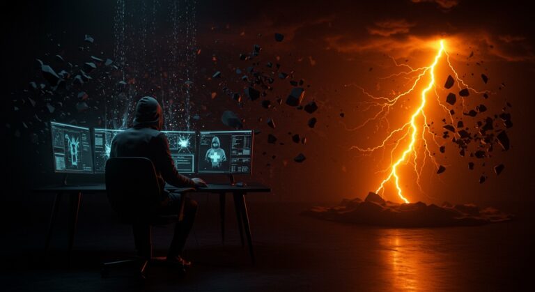 Ciberataque iraní a Stryker representado con hacktivista borrando sistemas y una metáfora visual de riesgos tecnológicos y ciberseguridad en startups.