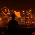 Founder de startup tecnológico frente a hologramas de ciberataques y defensa cibernética durante operaciones contra Irán en 2026.