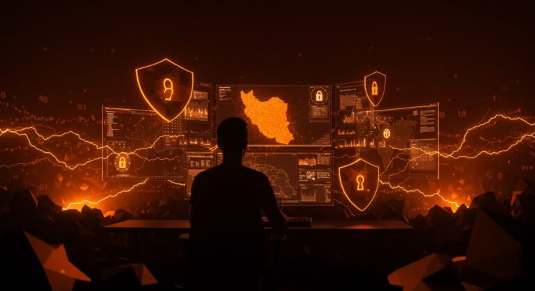 Founder de startup tecnológico frente a hologramas de ciberataques y defensa cibernética durante operaciones contra Irán en 2026.