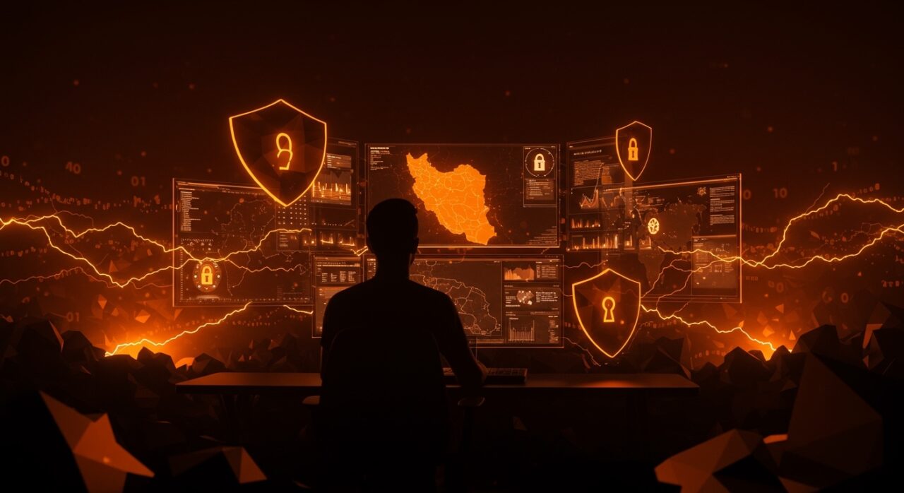 Founder de startup tecnológico frente a hologramas de ciberataques y defensa cibernética durante operaciones contra Irán en 2026.