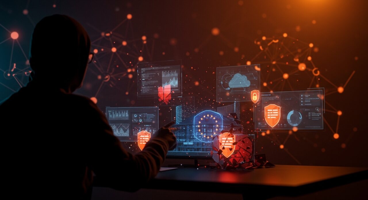 Ciberseguridad en Europa representada por experto protegiendo datos digitales de la Comisión Europea tras un ciberataque.