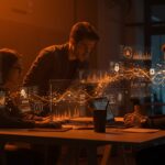 Grupo de emprendedores tech colaborando en IA aplicada a ciberseguridad con elementos visuales de inversión y tecnología innovadora en startups LATAM.