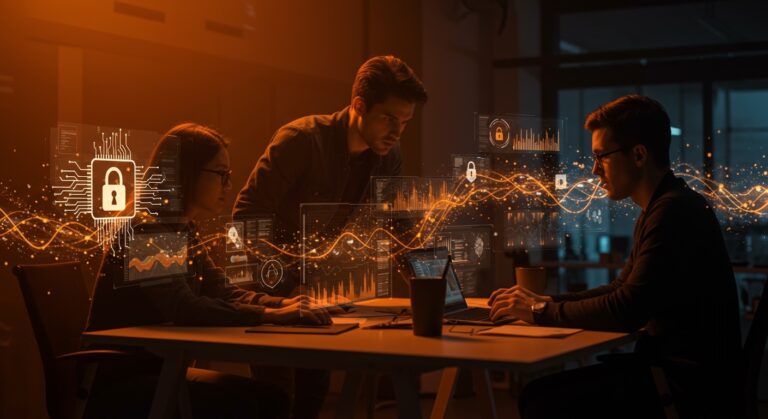 Grupo de emprendedores tech colaborando en IA aplicada a ciberseguridad con elementos visuales de inversión y tecnología innovadora en startups LATAM.