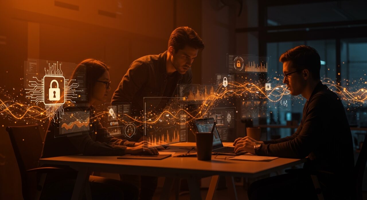 Grupo de emprendedores tech colaborando en IA aplicada a ciberseguridad con elementos visuales de inversión y tecnología innovadora en startups LATAM.