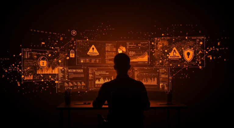 Ciberseguridad para founders protegiendo startups tech de phishing, fraudes digitales y brechas de datos en un entorno editorial moderno.