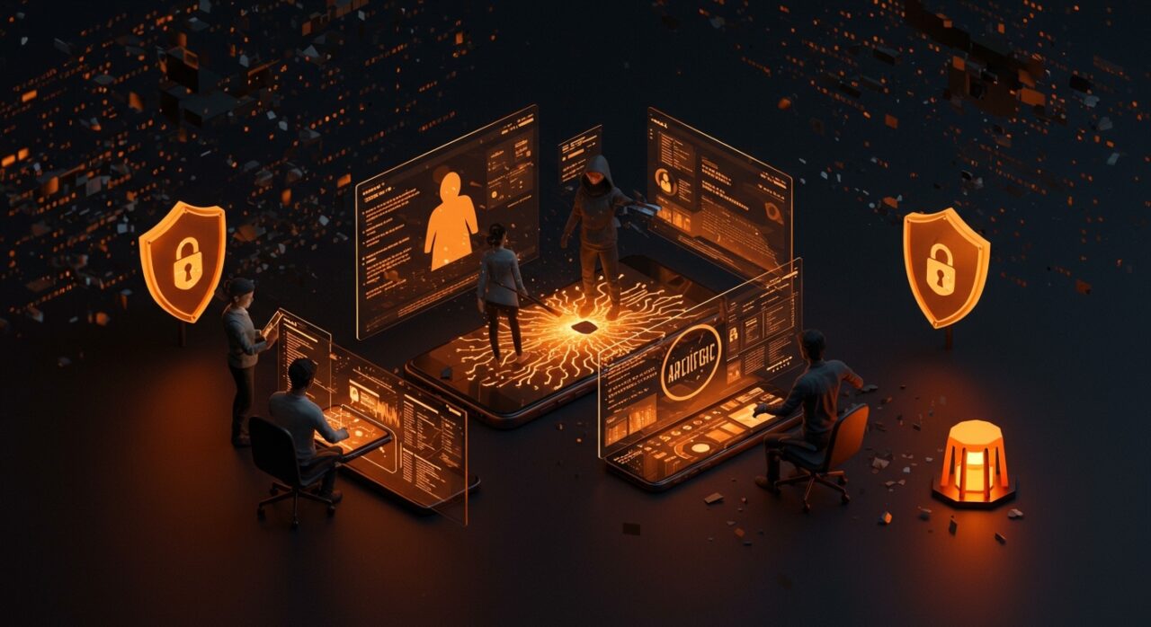 Equipo de startup protegido por seguridad digital contra vulnerabilidades y ciberataques en aplicaciones móviles.