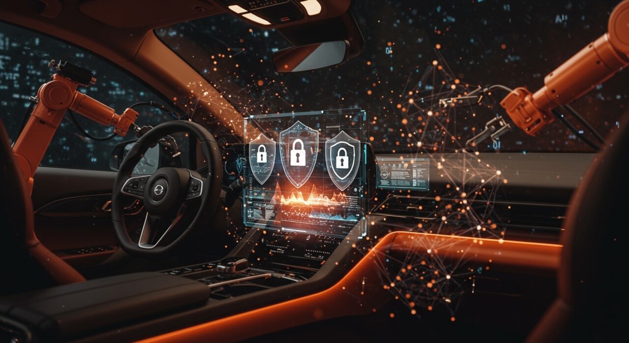 Tecnología de ciberseguridad aplicada a automoción conectada con interfaces digitales y representación de IA y gemelos digitales.