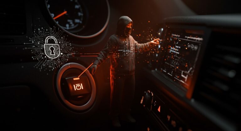 Ciberseguridad en tecnología automotriz representada con un ataque digital que afecta a automóviles, destacando riesgos tecnológicos para startups tech.
