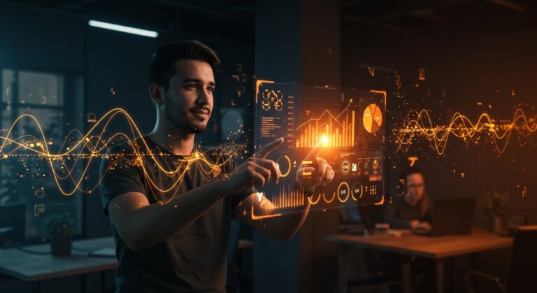 Fundador de startup colombiana interactuando con hologramas de IA y gráficos financieros, mostrando automatización contable y crecimiento con respaldo de Y Combinator en LATAM.