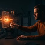 Interfaz holográfica mostrando la migración de memoria personalizada en Claude AI para startups tecnológicas, destacando la automatización y productividad con IA aplicada a negocios.