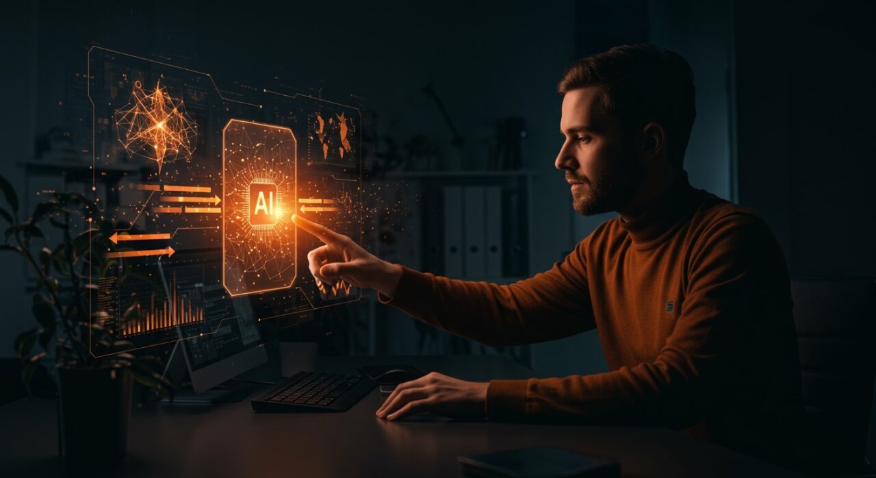 Interfaz holográfica mostrando la migración de memoria personalizada en Claude AI para startups tecnológicas, destacando la automatización y productividad con IA aplicada a negocios.