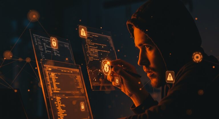 Investigador en ciberseguridad usando inteligencia artificial para detectar vulnerabilidades en Firefox, simbolizando seguridad informática avanzada en startups tecnológicas.
