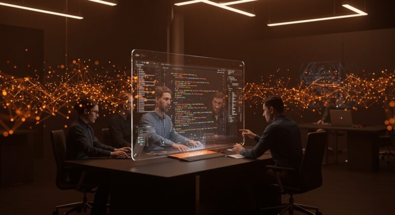 Equipo tecnológico colaborando alrededor de una interfaz holográfica que muestra Claude Code 2.1.75 con ventana de contexto de 1 millón de tokens y Opus 4.6, representando herramientas IA avanzadas para desarrolladores.