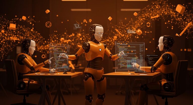 Representación visual de agentes IA Claude Code, Claude Cowork y Codex colaborando en programación autónoma y automatización de software en startups tecnológicas en 2026.