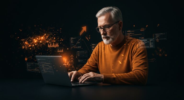 Desarrollador senior inspirado programando con Claude Code de Anthropic, representando innovación y pasión renovada en startups tecnológicas.