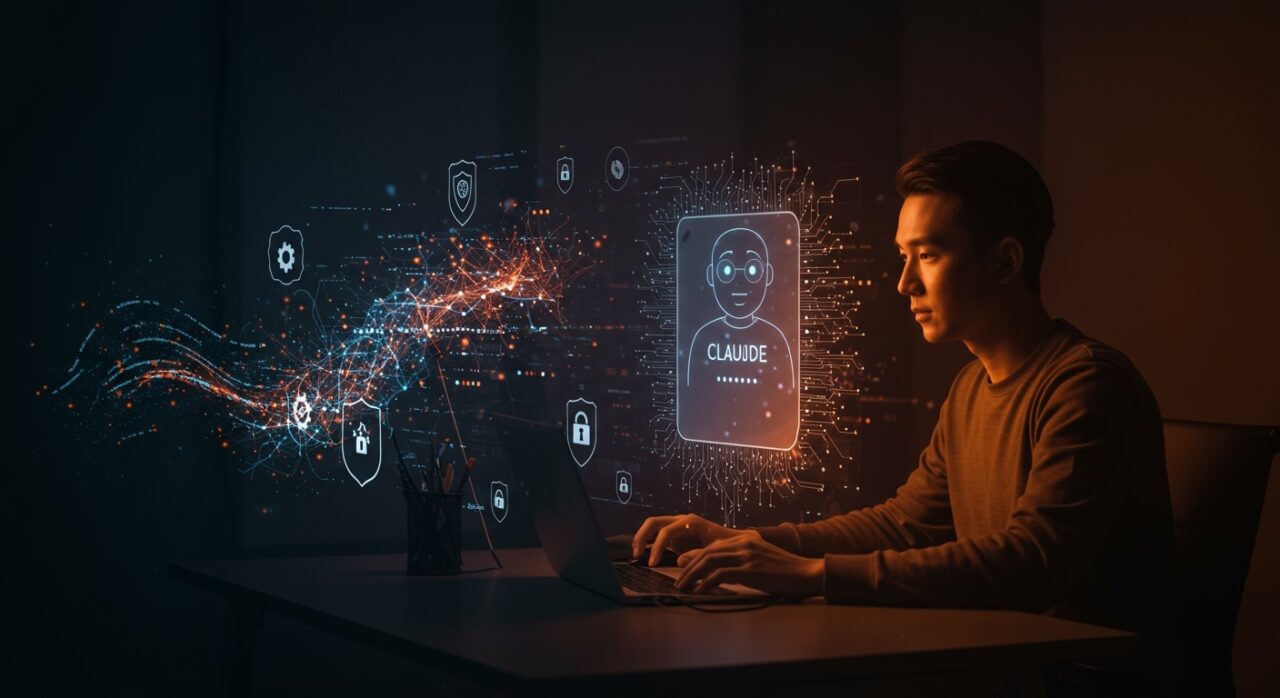 Desarrollador interactuando con asistente de codificación IA Claude Code, representando autonomía y seguridad en desarrollo de software con inteligencia artificial.