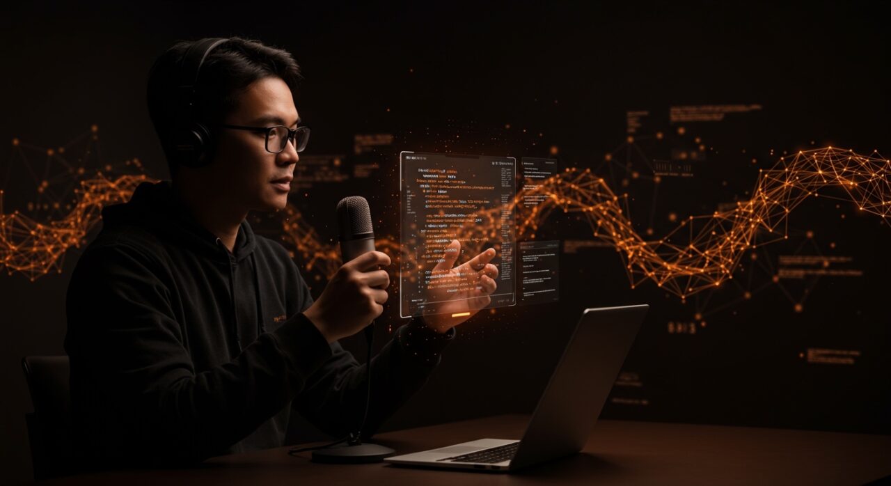 Desarrollador utilizando modo voz de Claude Code para programar con inteligencia artificial en tiempo real, destacando innovación en herramientas IA para developers.