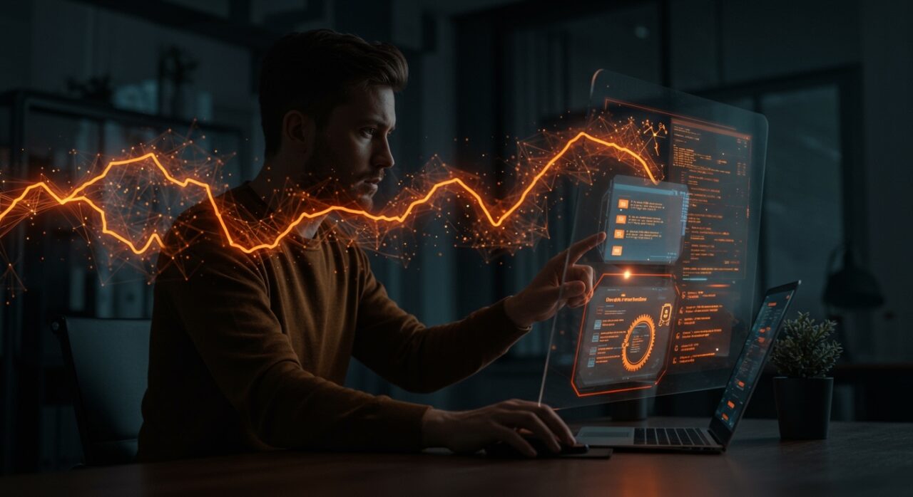 Founder utilizando interfaz digital avanzada con automatización IA, devops y QA para optimizar workflow en startups.