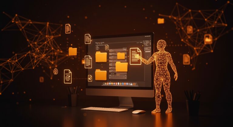Interfaz de Mac con Claude Cowork organizando archivos automáticamente mediante inteligencia artificial para gestión y productividad digital.