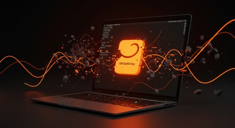 MacBook con icono de VM bundle grande mostrando el bug de 10GB en Claude Desktop Cowork causando lag en macOS, con metáforas visuales de inteligencia artificial y optimización de herramientas IA.